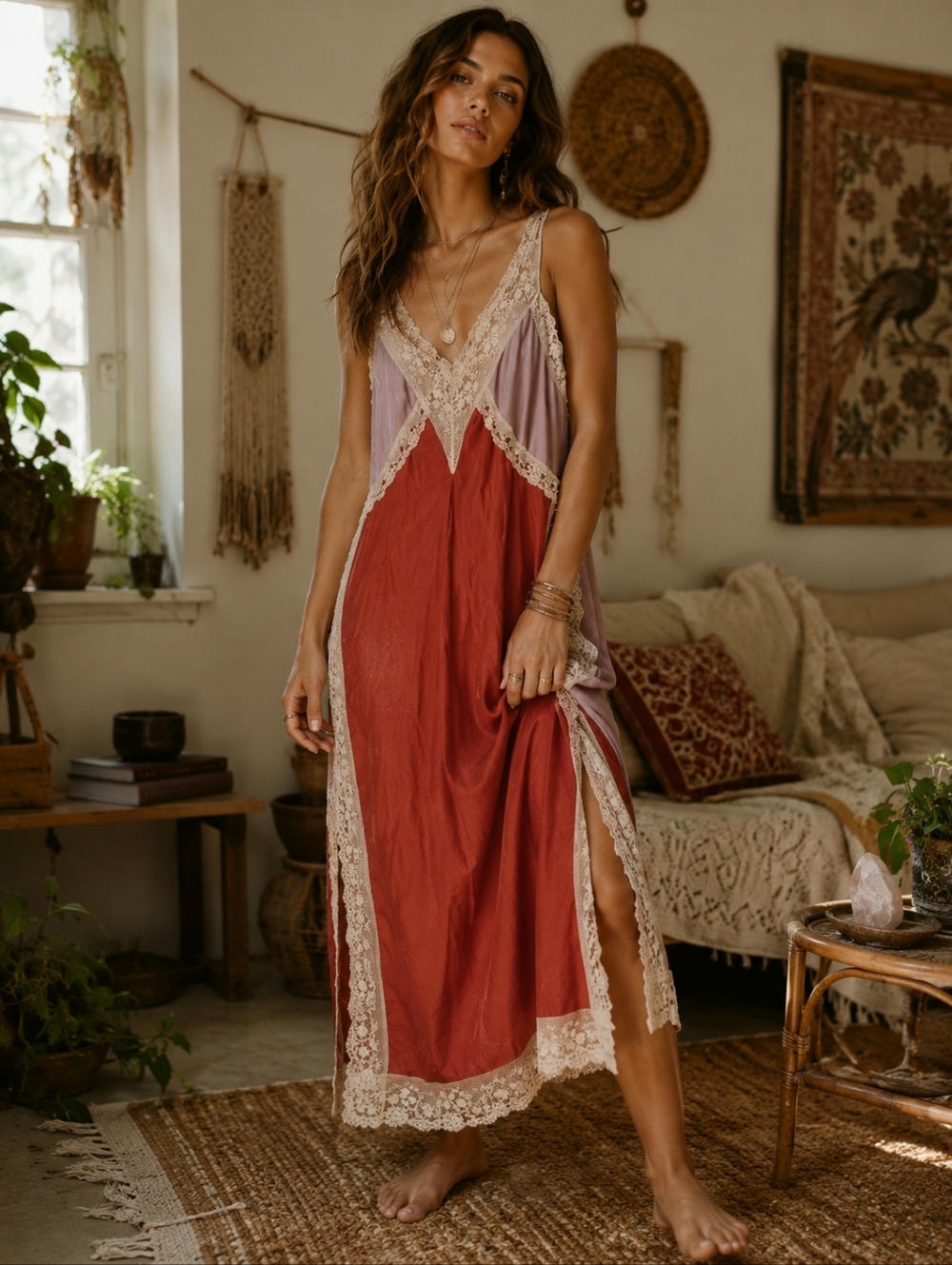 Free People Rust and Lavender Lace Trim Slip Dress Boho Small Petite